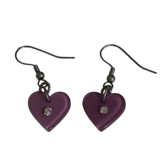 Purple Heart Shaped Hanging Earrings Rhinestone Silver Hooks 1.5 inch drop - Picture 1 of 6